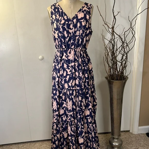 Pink and blue print high waisted sleeveless sundress - Picture 1 of 4